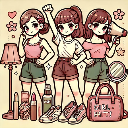 Illustration of a group of beautiful young women with makeup products.の素材