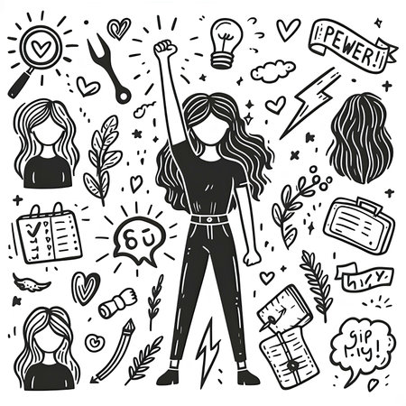 Hand drawn doodle black and white sketch of a girl with raised hands, vector illustrationの素材