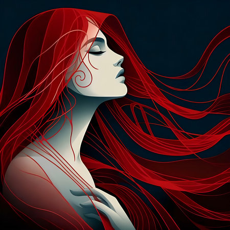Illustration of a beautiful woman with red hair on a dark backgroundの素材