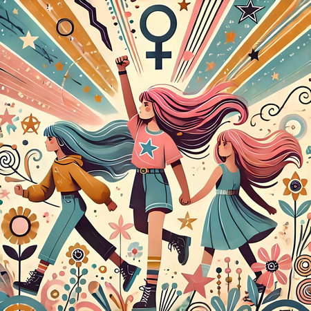 Vector illustration of girls in retro style with female symbols and stars.の素材