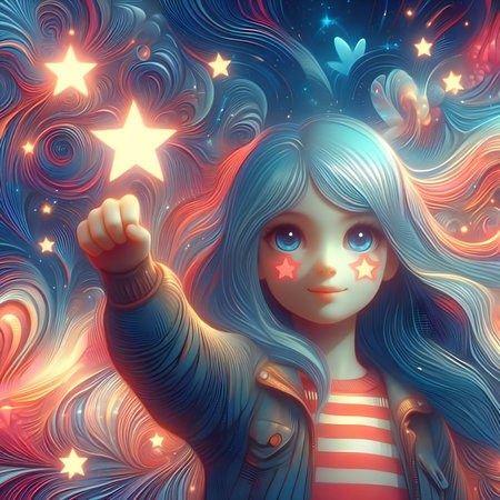 Beautiful girl with long hair and stars. 3d illustration.の素材