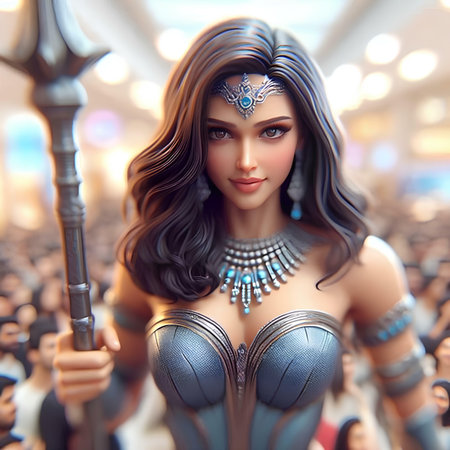 3D rendering of a female warrior with a sword in her handsの素材