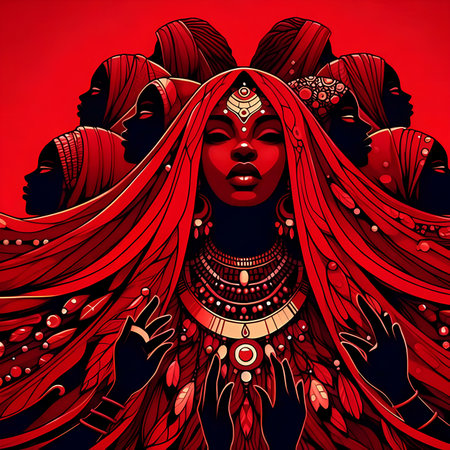 Vector illustration of a beautiful African woman with red hair and traditional makeup.の素材