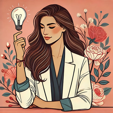 Vector illustration of a young woman with a light bulb in her handの素材