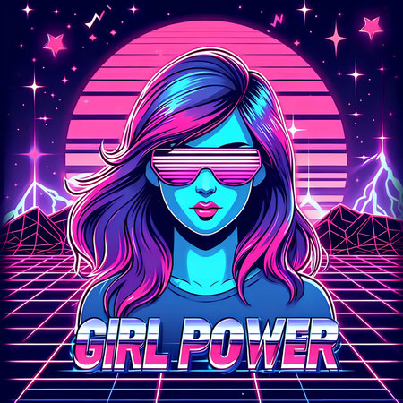 Vector illustration of girl in 3d glasses on the background of the night city.の素材