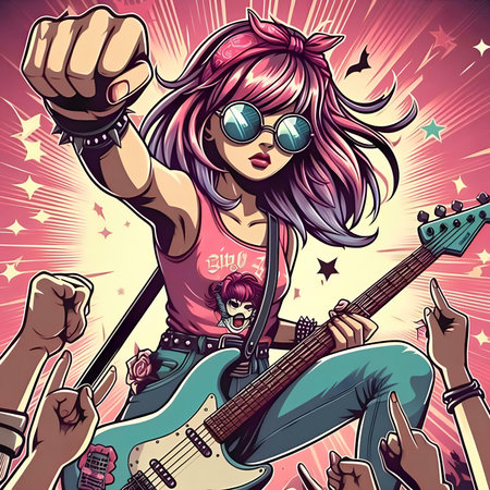 Vector illustration of a girl playing the electric guitar at a concert.の素材