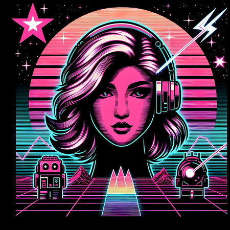 Retro girl with headphones on the background of the universe. Vector illustration.の素材