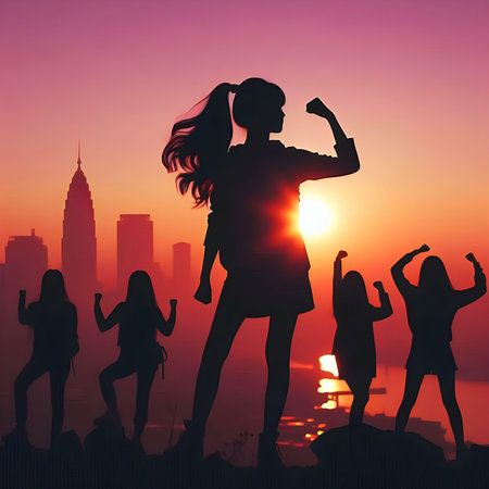 Silhouette of a dancing girl on the background of the city.の素材