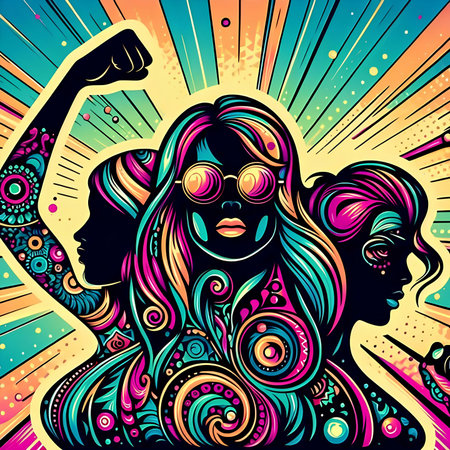 Vector illustration of a beautiful woman with long hair in glasses on colorful background.の素材