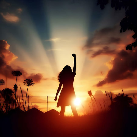 Silhouette of a girl with hands raised in the sunset.の素材