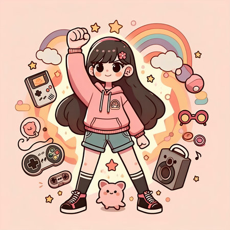 Cute little girl playing video games. Vector illustration. Cartoon style.の素材