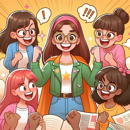 Happy cartoon schoolgirls. Vector illustration of happy schoolgirls with books.の素材