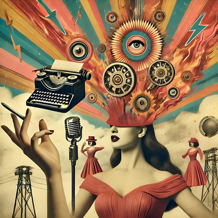 Beautiful woman in red dress with retro typewriter. Photo collage.の素材