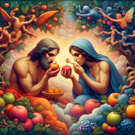 Jesus and Mary with apples in the forest. 3d illustration.の素材