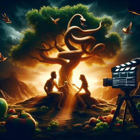 Fantasy landscape with a tree and a woman with a camera.の素材