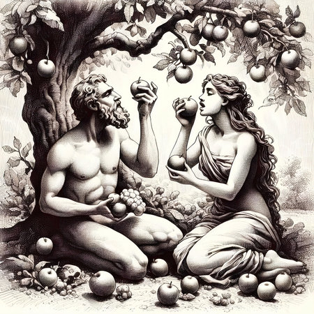 Jesus and Mary on apple tree. Engraving from the 1800s.の素材