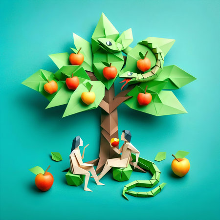 Paper origami apple tree with man and woman on blue background.の素材