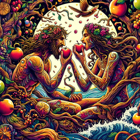 Hand drawn vector illustration of a man and woman sitting on the moon and eating apples.の素材