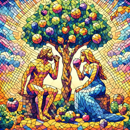 Abstract vector stained-glass mosaic background with family, tree and applesの素材