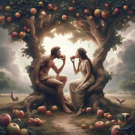 Couple in love sitting on the tree and eating an apple.の素材