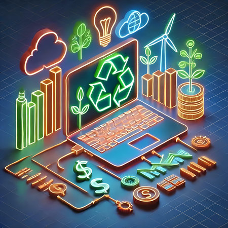 3d rendering of Laptop with green energy icons on blue backgroundの素材