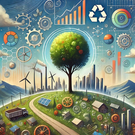 Ecology concept with green tree and windmills. vector illustrationの素材