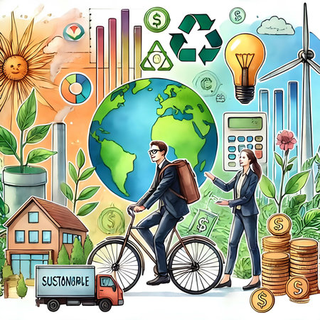 Businessman and businesswoman riding a bicycle on the background of the globe. The concept of eco-friendly lifestyle. Vector illustration.の素材