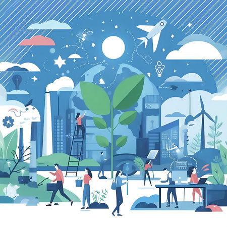 Ecology concept. Flat design vector illustration. People working in the city.の素材