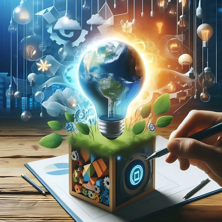 Conceptual image with lightbulb and icons flying around itの素材