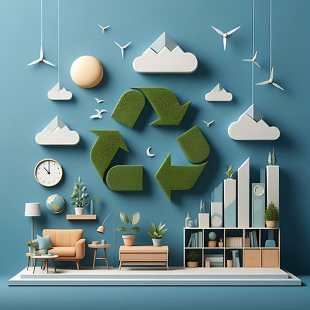 modern living room with green recycling symbol on the wall, 3d renderの素材