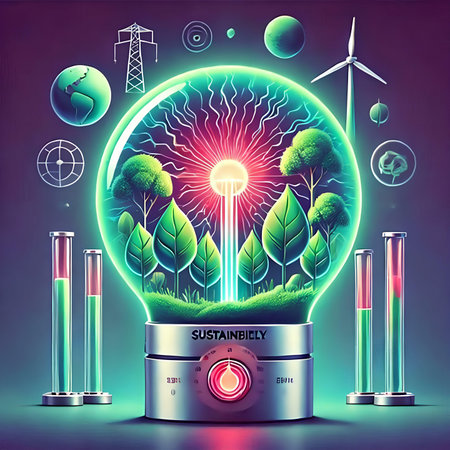 Ecology and environment concept. Lightbulb with green planet, wind turbines, solar panels and solar panels. vector illustrationの素材