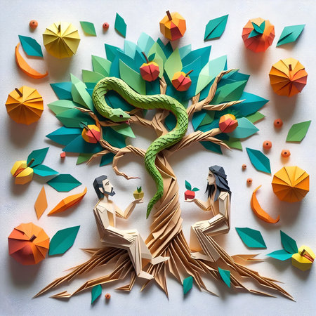 Paper cut of tree with leaves and snakes. Origami concept.の素材