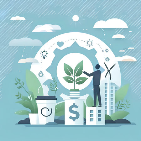 Flat design modern vector illustration concept of sustainable development. Businessman standing in front of gear wheel and holding plant in hand.の素材