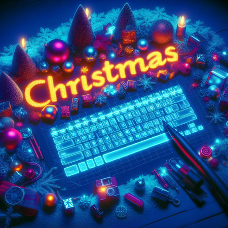 Christmas greetings on computer keyboard with christmas decorations. 3D illustration.の素材