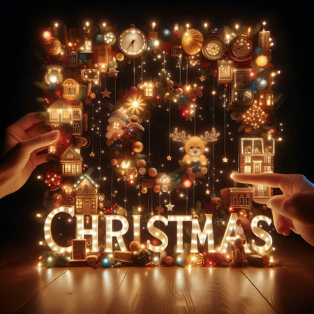 Hands creating Christmas decoration on wooden table with glowing lights.の素材