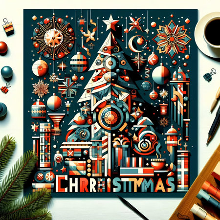 Christmas tree made of ornaments on wooden background. Vector illustration.の素材