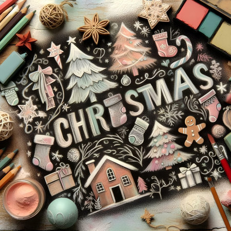 Christmas and New Year's toys on a wooden background. Top viewの素材