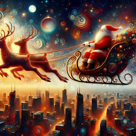 Santa Claus rides a sleigh with reindeers over the city.の素材