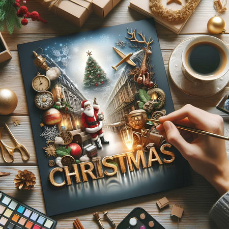 Merry Christmas and Happy New Year concept. Top view of female hands decorating christmas greeting card on wooden background.の素材