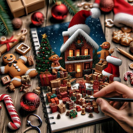 Hand drawing Christmas house with decorations on wooden table. Christmas conceptの素材