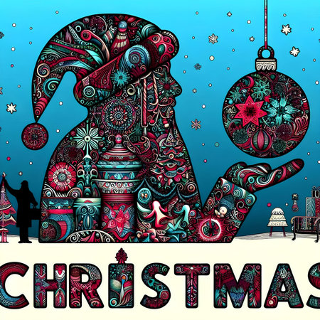 Christmas card with Santa Claus and Christmas decorations. Vector hand drawn illustrationの素材