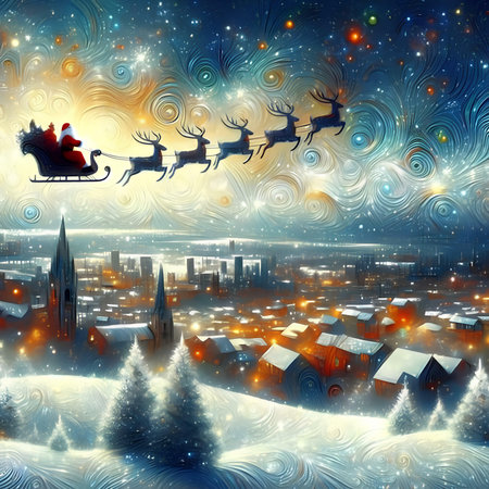 Santa Claus flying in his sleigh over the city at night.の素材