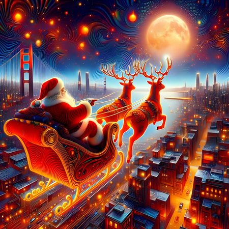 Santa Claus with reindeers on the background of the night cityの素材