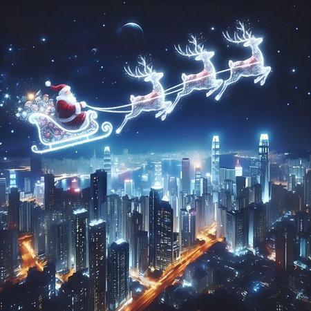 Santa Claus flying on his sleigh with reindeers over the cityの素材