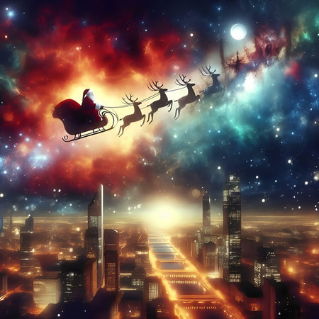Santa Claus flying in his sleigh over the city at night.の素材