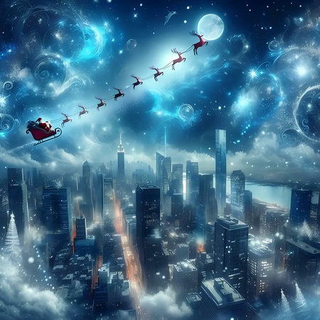 Santa Claus flying in the sky over the city. 3D renderingの素材