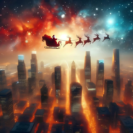 Santa Claus flying in the night sky over the city. 3D renderingの素材