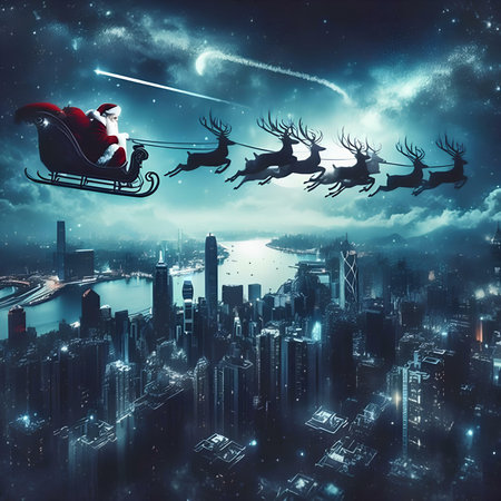 Santa Claus flying in his sleigh with reindeers over the city.の素材