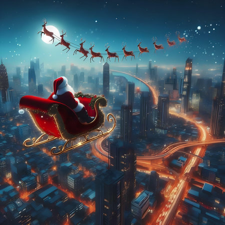 Santa Claus rides on a sleigh against the background of the night cityの素材