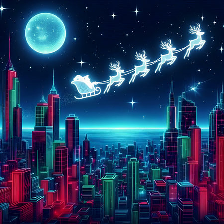 Santa Claus flying in the sky over the city at night. Vector illustration.の素材